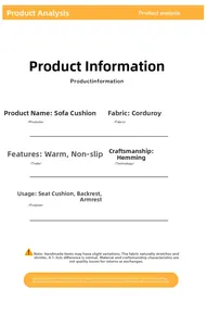 Detailed chart showing corduroy sofa cover material specs, features and care instructions