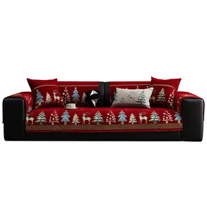 Christmas theme thick chenille sofa cushion with reindeer and snow patterns on red fabric