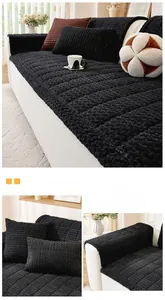 Detail of black thick corduroy sofa cover set with non-slip textured bubble fabric