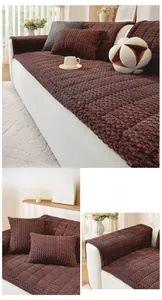 Detail of coffee brown corduroy sofa cover with non-slip 3D textured wavy grain fabric