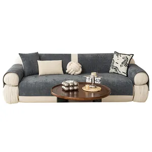 Thick chenille sofa cover set with minimalist grey and beige non-slip textured fabric