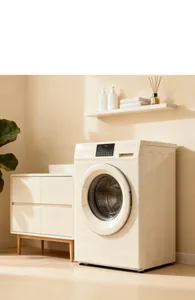 Close-up of machine washable cream faux rabbit fur sofa cover in a modern laundry setup