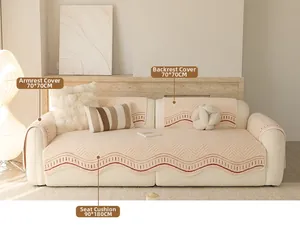 Detail of cream quilted sofa covers set with red wavy embroidery and size specifications