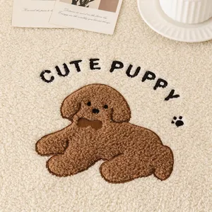 Thick teddy fleece sofa cushion with cute puppy embroidery and non-slip texture