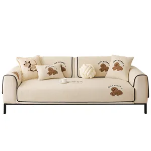 Thick teddy velvet sofa cushion set with cute puppy embroidery in cream white color