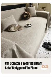Close-up of cat-scratch resistant beige textured sofa cover fabric with durable weave
