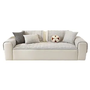 Thick waffle-textured non-slip corduroy sofa cover set with decorative cushions