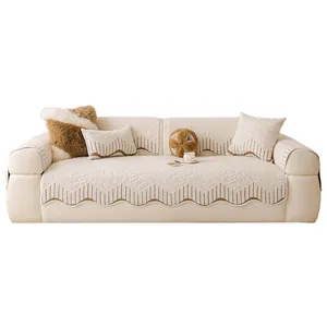 Modern cream velvet sofa cover set with quilted texture and decorative wavy edges