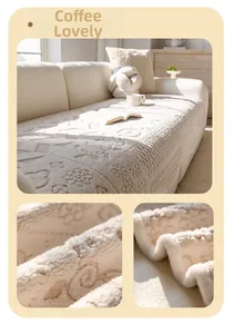 Detail of coffee brown plush sofa cover with embossed floral patterns and thick soft texture