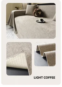 Detail of light coffee sofa cover featuring non-slip silicone backing and textured fabric