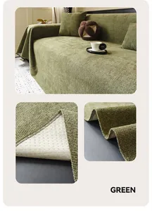 Detail showing green waffle weave fabric texture and white anti-slip backing on sofa cover