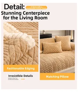 Detail of plush sofa cover with wave quilting texture, stylish edging and matching pillow