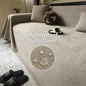 Waterproof chenille sofa cover in beige with water droplets showing hydrophobic fabric