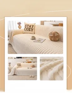 Detailed view of cream white velvet sofa cover with plush bubble texture and vertical stripes