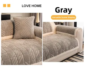 Detail of dark grey sofa cover with stripe texture and white plush wavy lace borders