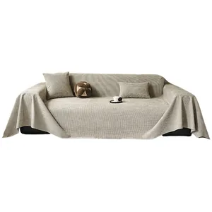 Minimalist beige-grey waterproof sofa cover throw with fine woven texture and matching pillows
