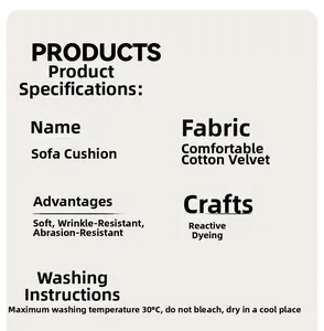 Detail specifications for plush sofa cover showing cotton velvet fabric and care guide
