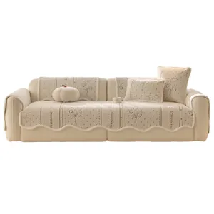 Modern cream plush sofa cover with strawberry floral pattern and wavy edges
