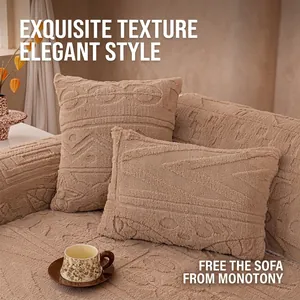 Thick plush sofa cover with jacquard texture in warm beige for winter home comfort