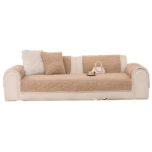 Thick plush sofa cover set with beige floral jacquard texture and non-slip backing