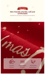 Close-up of red Chenille Christmas blanket with white Merry Christmas embroidery