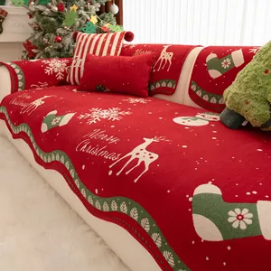Christmas Chenille Sofa Cushion Red Non-slip Reindeer Snowflake Pattern Knitted Sofa Cover For Festive Home Decor Sofa Protector