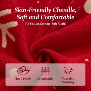 Red chenille sofa cover with white snowflake patterns and thick breathable fabric texture