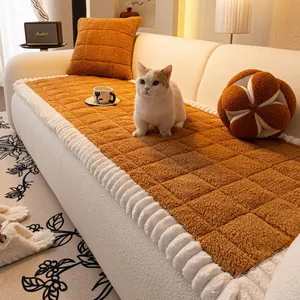 Nordic Thick Lamb Velvet Sofa Cushion Quilted Grid Pattern Anti-Slip Warm Furniture Protector For Living Room Sofa Cover