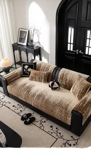 Detailed close-up of thick striped cotton fleece sofa cover in brown and cream colors