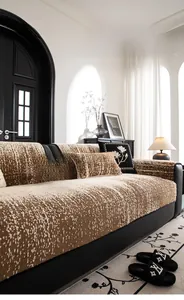 Close-up of thick plush sofa cushion with high-density faux fur texture and warm fabric
