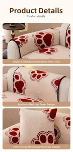 Detail of plush red paw print armrest, backrest and pillow cover with thick velvet texture