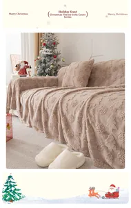 Close-up of winter plush Christmas sofa cover with embossed trees and snowflakes