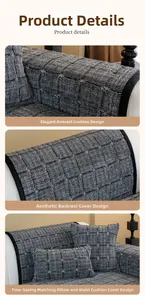 Detail showing thick gray checkered sofa covers with non-slip texture and pillows