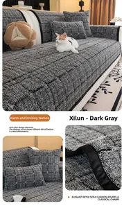 Detail of dark grey thickened plush sofa cover with anti-slip texture and quilted pattern