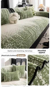 Detailed view of dark green and cream plush sofa cover with premium woven texture and piping