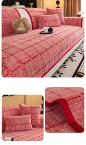Detail of red and white checkered plush sofa cover with anti-slip thick chenille fabric