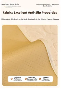Detail of non-slip silicone backing and textured beige fabric on plush sofa cover