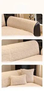 Detail of plush cream sofa cover with embossed pumpkin pattern on thick warm fleece fabric