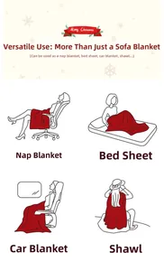 Multi-use Christmas plush blanket showing various ways to use as sofa cover or shawl