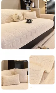 Detailed close-up of fluffy pumpkin pattern off-white velvet sofa cover texture