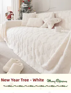 White faux rabbit fur sofa cover with Christmas tree texture and plush pillows