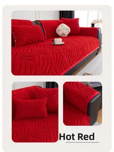 Detail of vibrant red plush sofa cover with anti-slip wavy texture for winter
