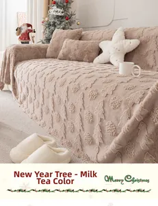 Detailed texture of milk tea plush sofa cover with embossed Christmas tree and snowflake patterns