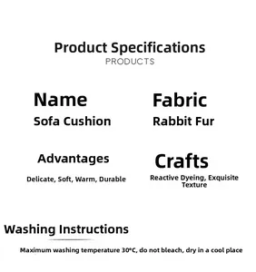 Detail showing rabbit plush sofa cover specifications with active dyeing textile icons