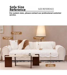 Size chart for cream faux rabbit fur sofa cover set including cushion and pillow dimensions