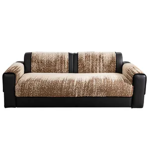 Modern non-slip sofa cover in brown chenille and black leather for three-seater couches