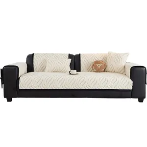 Creamy white anti-slip sofa cover set with thick velvet wave texture and matching pillows