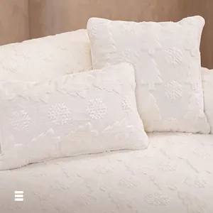Creamy faux rabbit fur sofa cushion with 3D embossed Christmas trees and snowflakes pattern