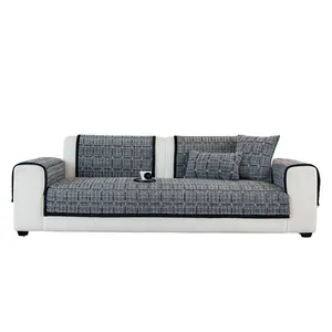 Modern grey plaid thick cotton sofa cover set with black trim for winter protection