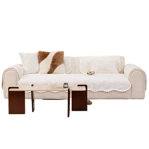 Plush Christmas snowflake sofa cover in cream white faux rabbit fur with non-slip backing